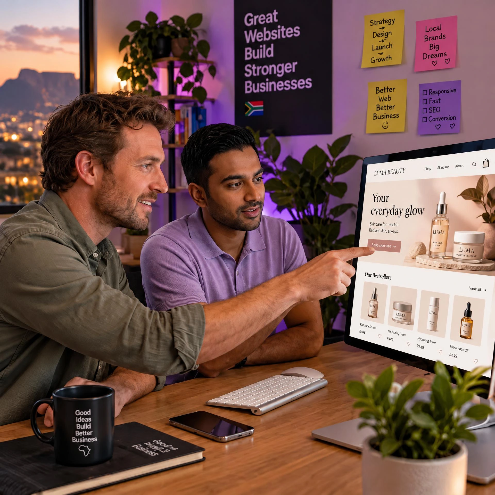 A designer pointing out a beauty brand’s online store to a business owner